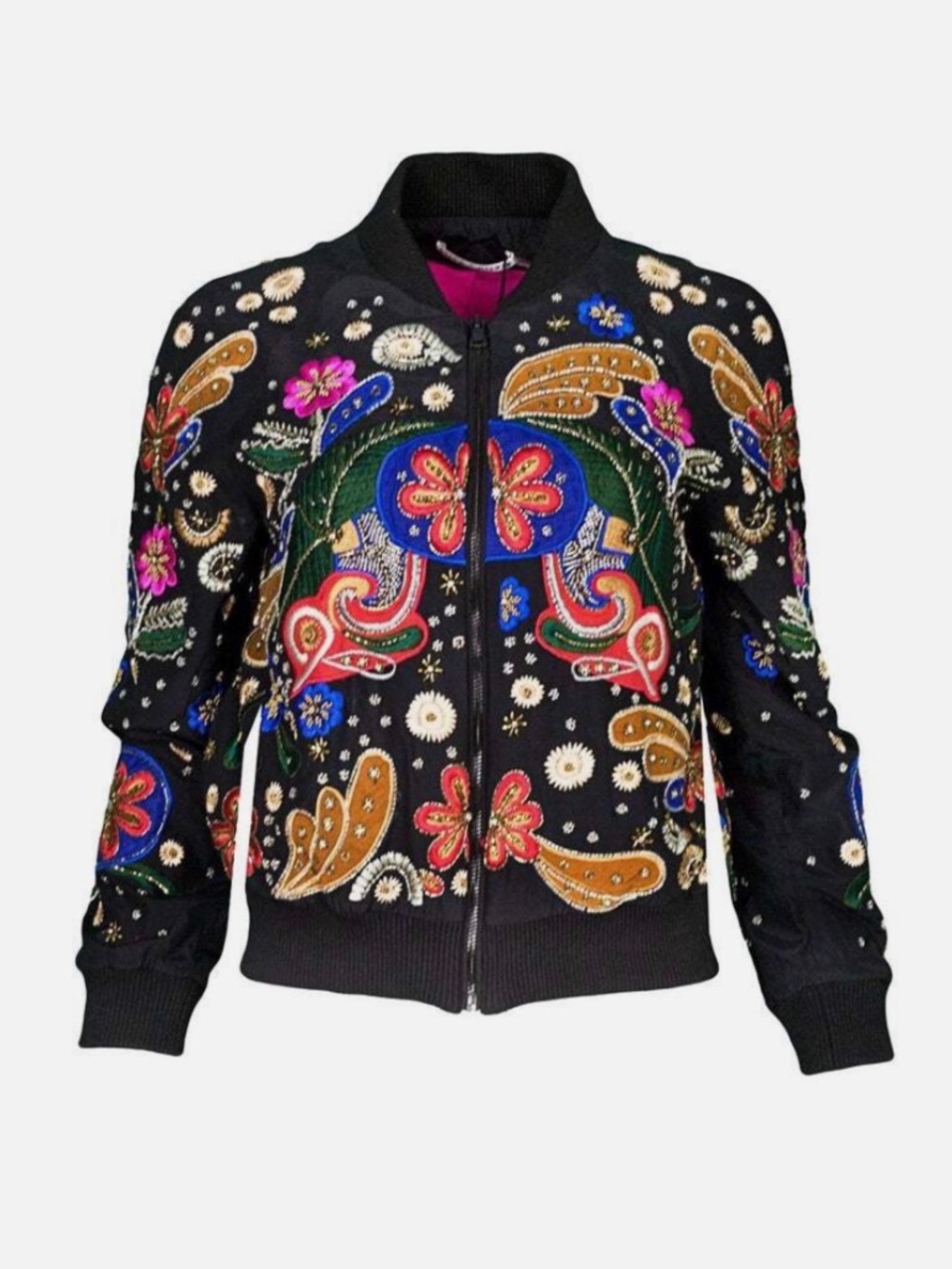 Alice + Olivia Felisa Floral Embroidery Embellished Silk Bomber Jacket in size L